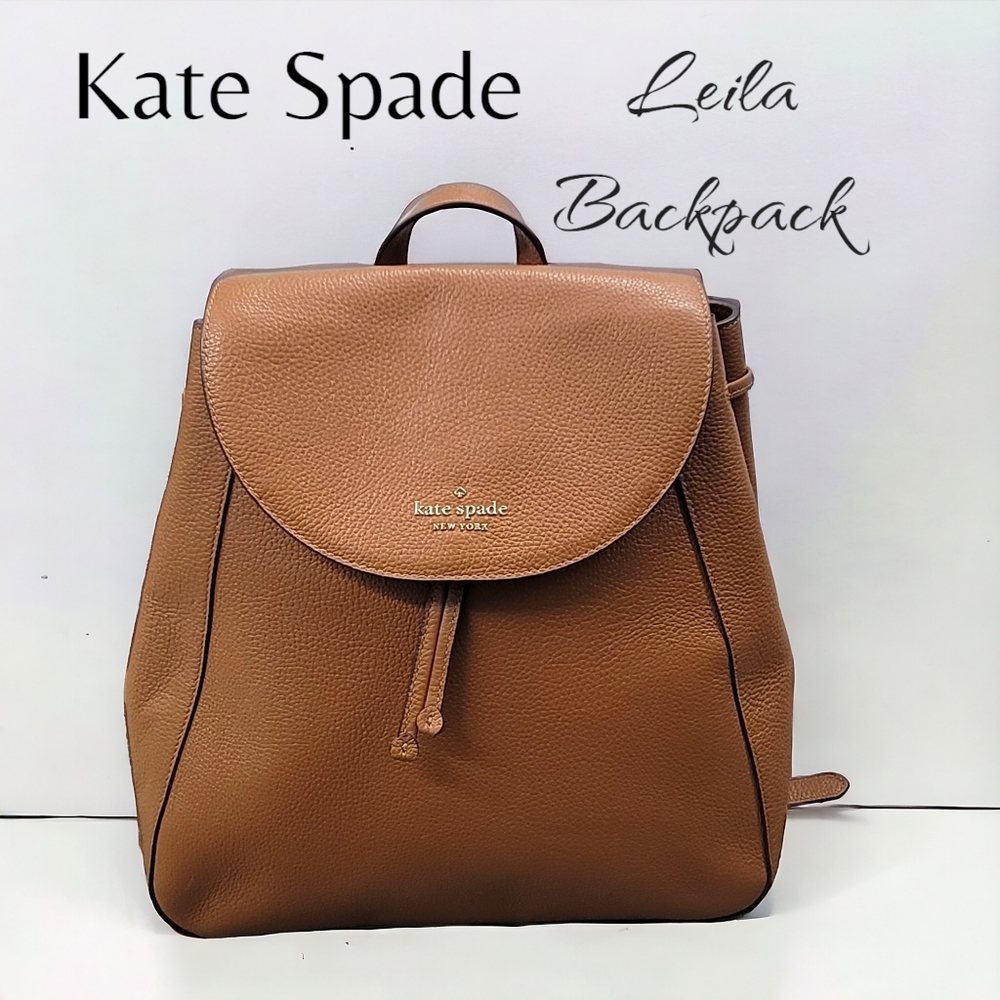 Kate Spade pebbled leather large flap backpack leila warm gingerbread color NWOT